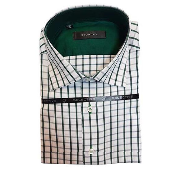 پیراهن ترک چهار خانه سفید سبز مدل اسلیم فیت